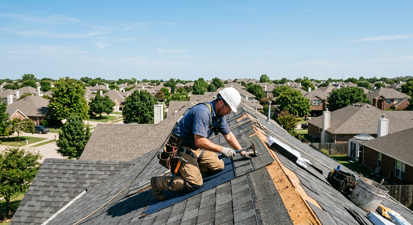 Generated image of a roofer replacing shingles